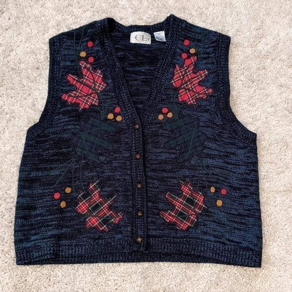 Vintage Cricket Lane Marled Sweater Vest With Plaid Leaf Appliques Button Front - Picture 1 of 5